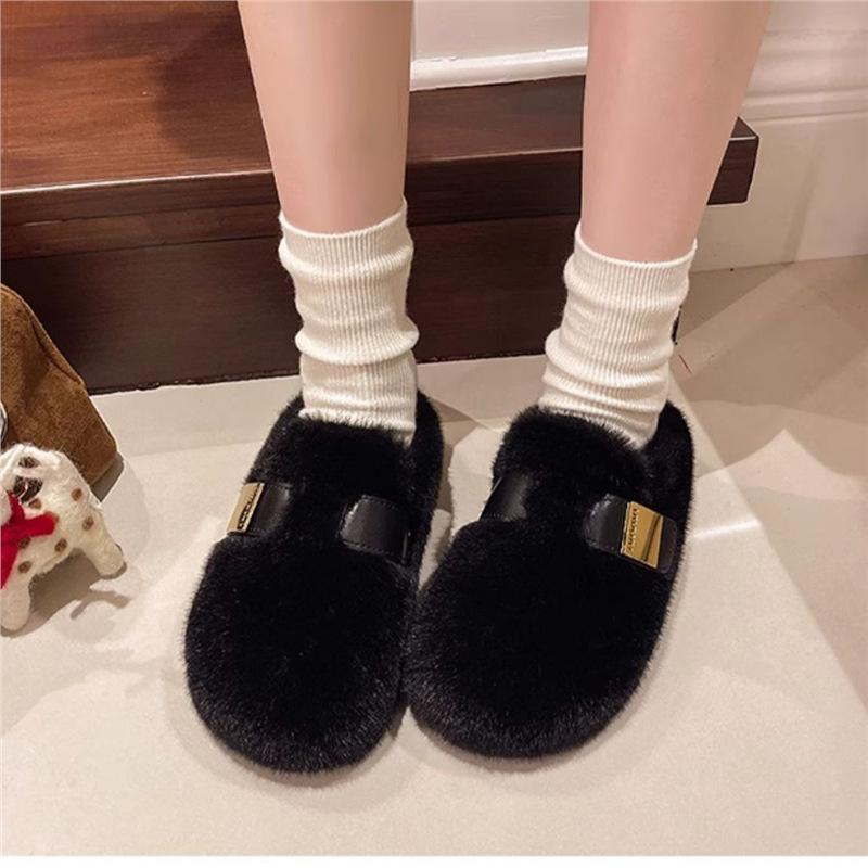 Обувь Birkenstock с флисом для женщин 2024 осень и зима новый стиль пушистые тапочки слипоны модные теплые универсальные плоские полутапочки 35 чёрный finery