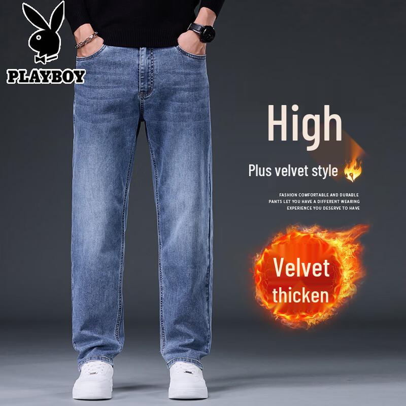 PLAYBOY 2025 Зима Мужские Плюс Велюр Свободные Прямые Джинсы Деним 40 gray