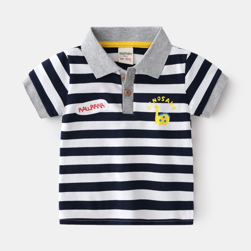 Kids Lapel T-shirt Clothes K-style Children s Clothing Summer Boys  Polo Shirt Short Sleeve Tops Baby Boys  Dinosaur Clothes Black and White Stripes-Dinosaur 130 cm gray TAOMall