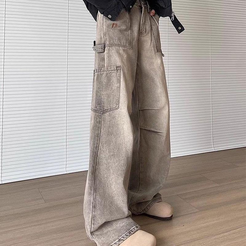 Винтажные Джинсы Bootcut с Разводами Чернил Мужская Одежда Высокая Талия Осень Широкие Штаны Карго Джинсовые Штаны Стильные Выстиранные Брюки с Множеством Карманов S серый taiai