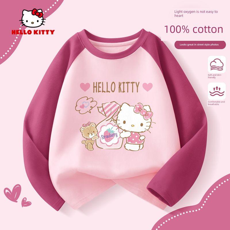 Детская футболка Hello Kitty с длинным рукавом 2025 Новая Чистый хлопок Детский реглан Милая базовая футболка для девочки [Pure Cotton Long Sleeves] Candy Rose Pink 110 cm pink TAOMall