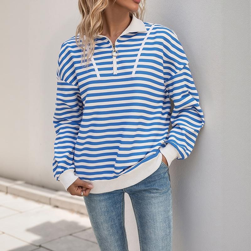 2026 Spring and Autumn Fashion Casual top, lapel, cardigan, long-sleeved striped hoodie S blue HERS