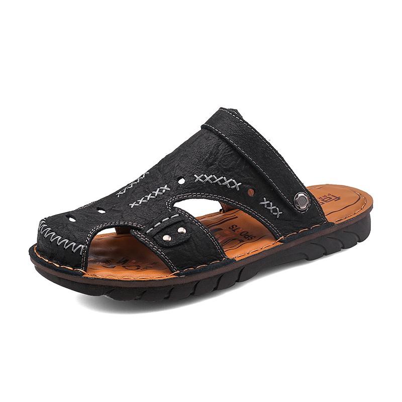 FashionSummer Новые мужские сандалии Baotou из натуральной кожи, дышащая пляжная обувь, мужская повседневная обувь в стиле ретро, обувь для кемпинга на открытом воздухе 38 чёрный Foot Finesse