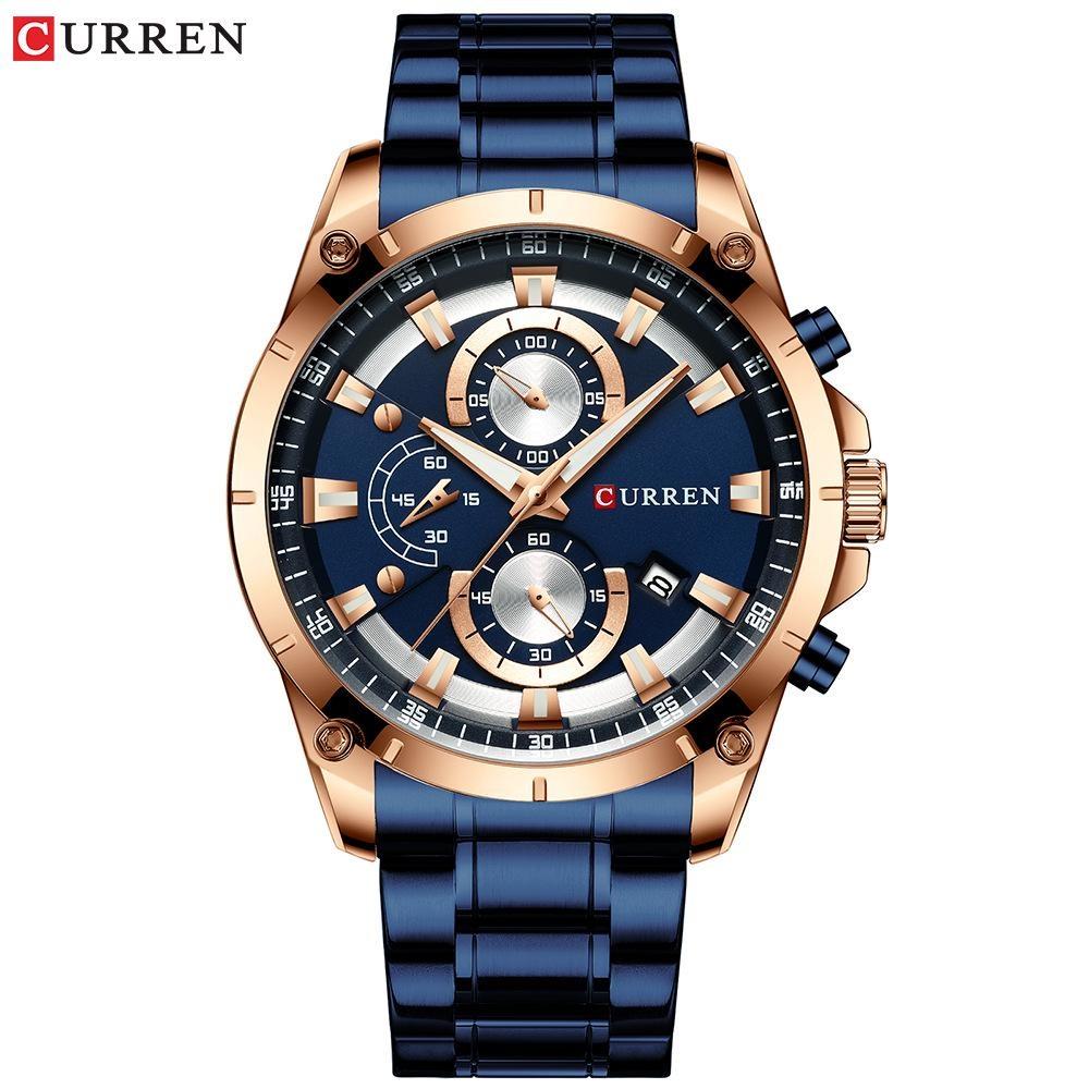 CURREN Men s Quartz Wristwatch Chronograph Calendar Waterproof Stainless Steel Strap Luminous Sports Fashion Watches for Man синий
