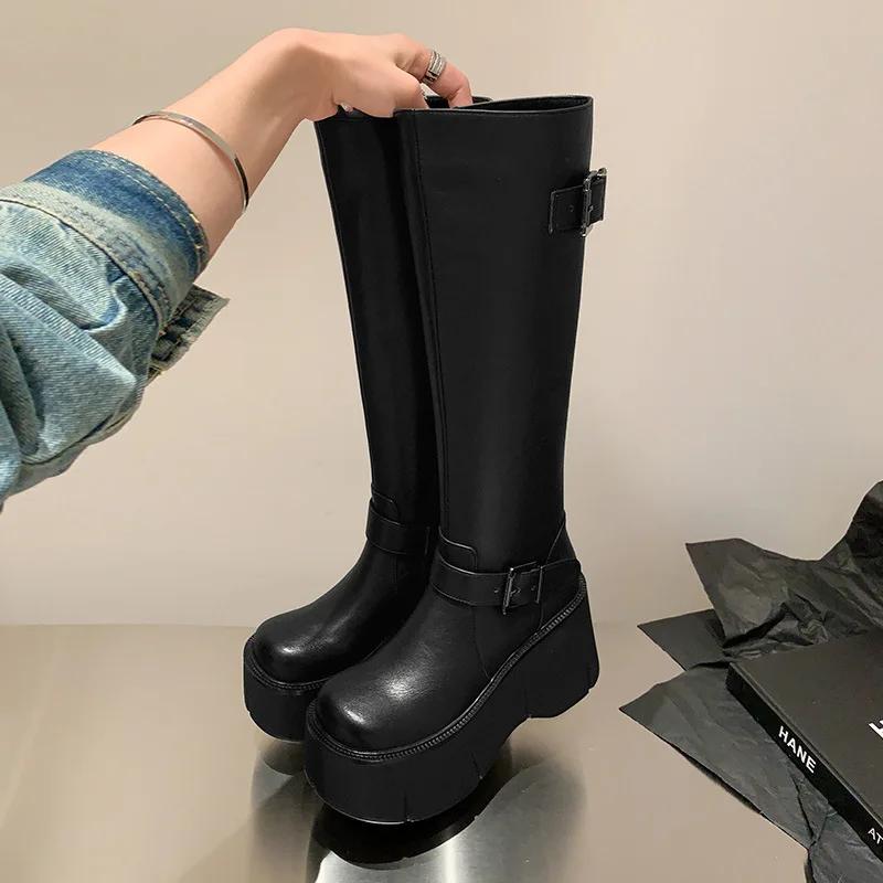 Мода 2025 Женская обувь Базовые женские сапоги Классика Сапоги до колена Женские Пряжка на ремне Боковая молния Круглый носок Тапочки на танкетке Платформа Женские 35 чёрный Sneak Spot