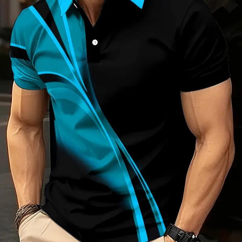 New Men s Short Sleeved Button Up Collar 3D Digital Printed Casual Top POLO Shirt S blue Plus Size FUGUIS