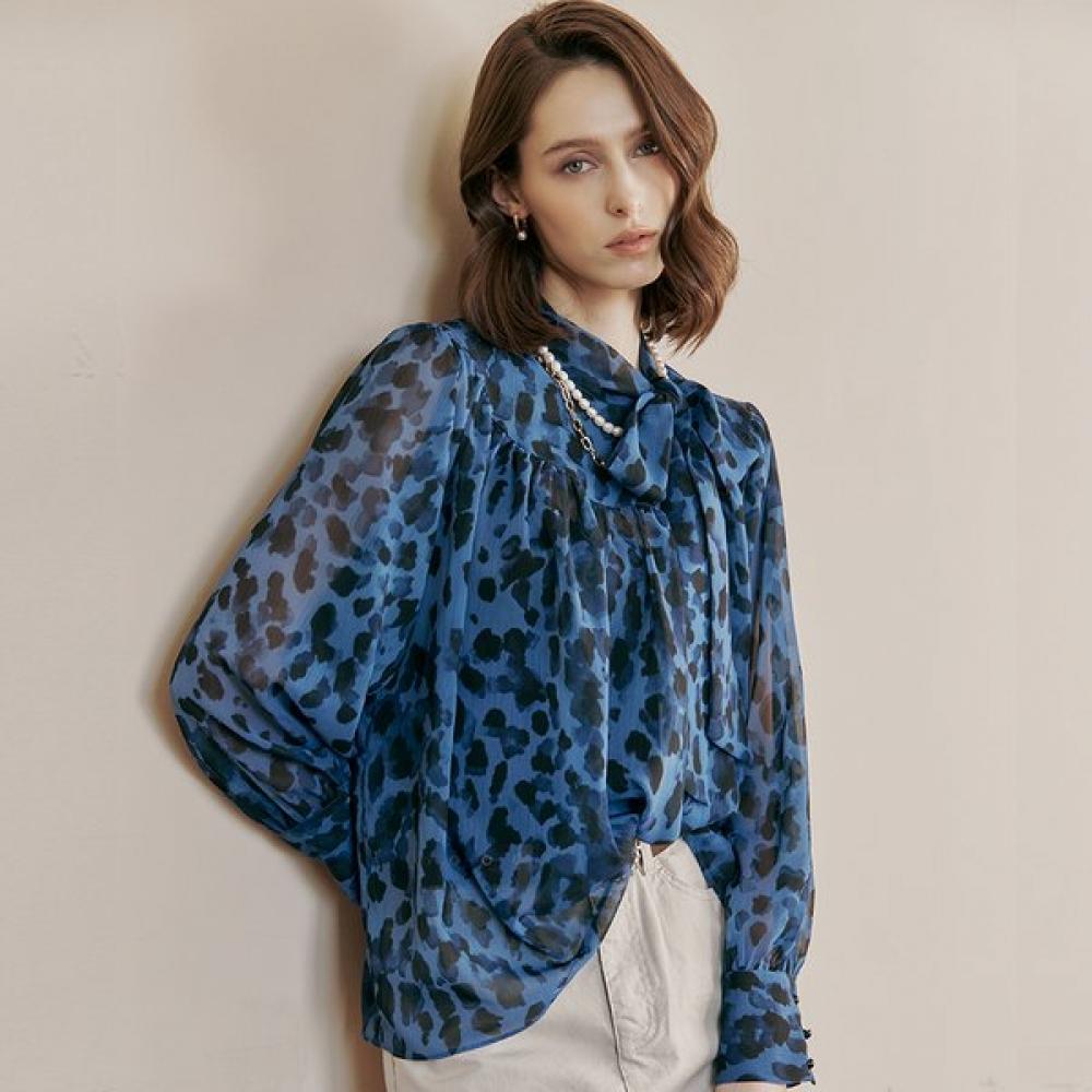 Maxza Leopard Pattern High Neck Tie Chiffon Blouse Ce05qb603nh Blue/FREE gray
