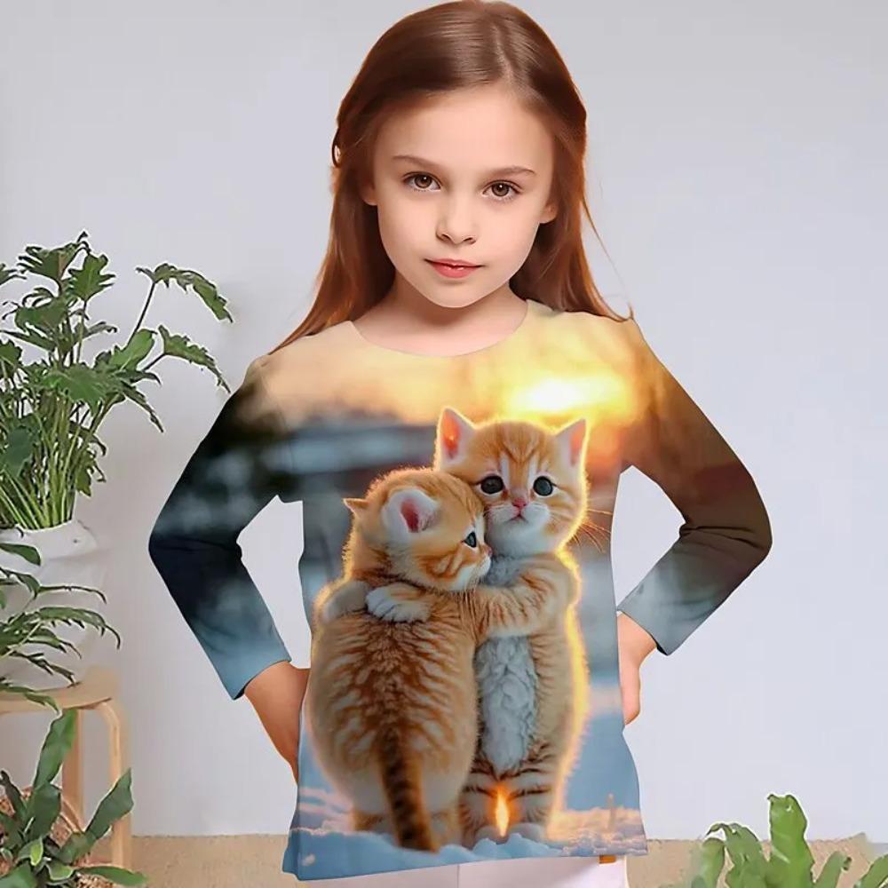 Детская футболка с 3D-цифровой печатью «Кошка обнимается», модная и удобная, с круглым вырезом и длинным рукавом, для девочек 100 оранжевый NeZa 3D