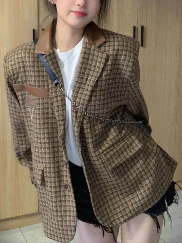 Осенний элегантный винтажный блейзер для женщин в стиле High Street Chic Plaid Design верхняя одежда женская уличная одежда британская мода тренд зимнее пальто S gray Alice Fashion Comprehensive