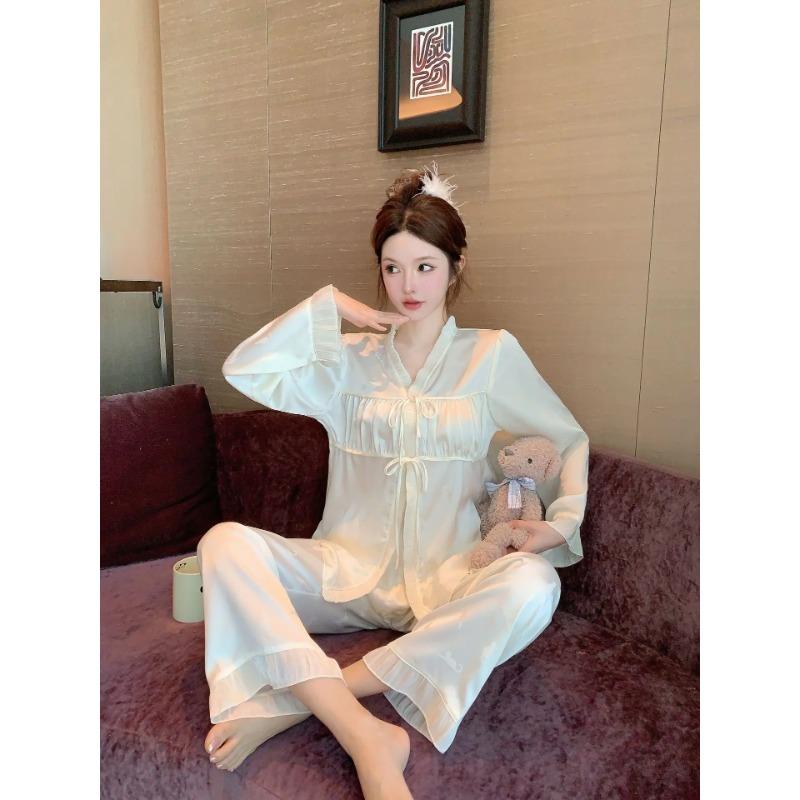 Пижама Ice Silk весна и осень женский костюм с длинным рукавом из французского шелка тонкая домашняя одежда M белый Binchi Keji Travel