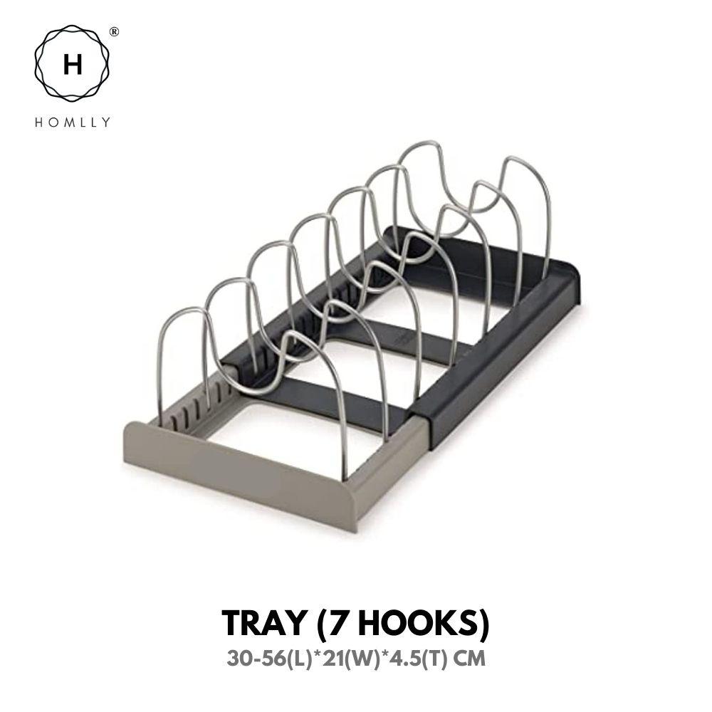 Homlly Adjustable Drawer Pan Lid Plate Pot Organizer Tray Holder (7 Hooks) for Kitchen Cabinet Storage 7Hooks Tray gray