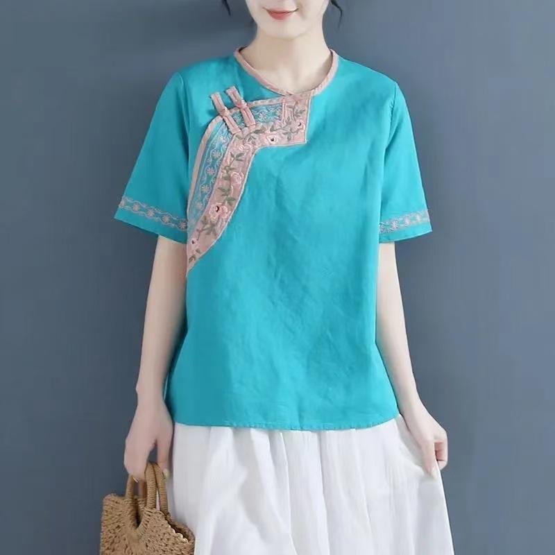 Embroidered Cotton and Linen Shirt for Women Relaxed Fit V-neck Short-sleeved Button-down for Cotton and Linen Tray Button Bottoming Shirt Tea M blue PP1