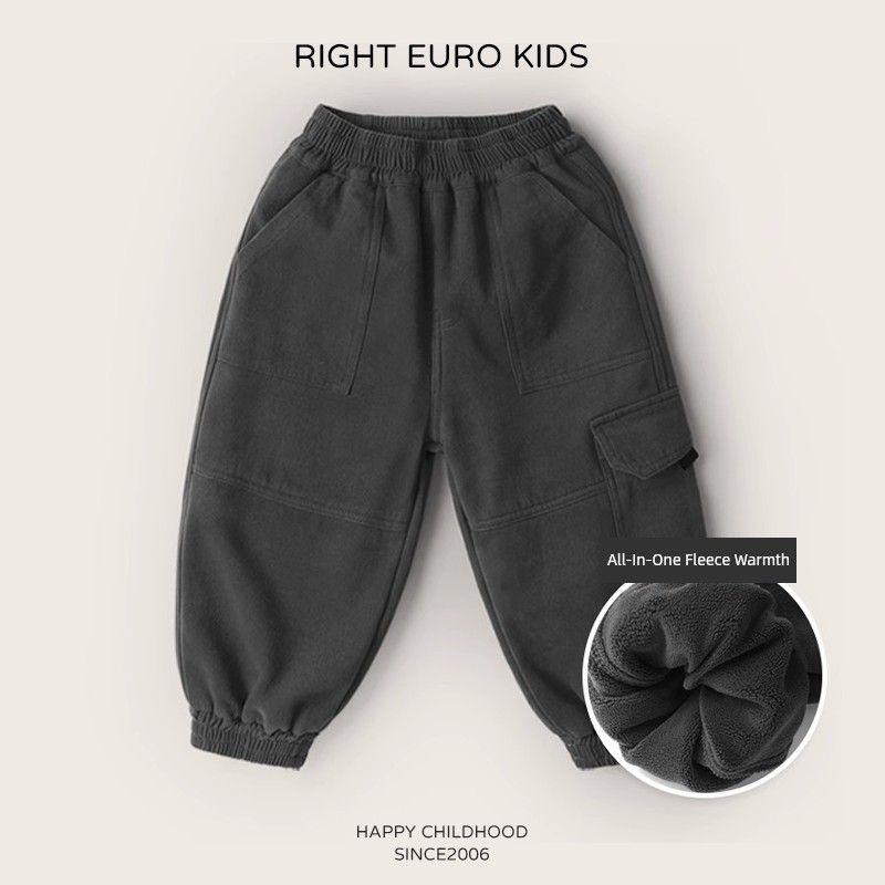Style Boys  Fleece-Lined Pants Winter Cotton Pants New Style Integrated Fleece Children s Cargo Pants Baby Trendy Cool Winter Children s Clothing Carbon Gray One-Piece Fleece-Lined 140 gray TAOMall