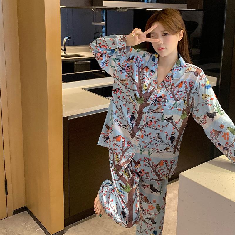 High-End Ice Silk Casual Loungewear Cardigan Short-Sleeved Tree Bird Women S Pajama Set M gray BaiJia Jewelry BB