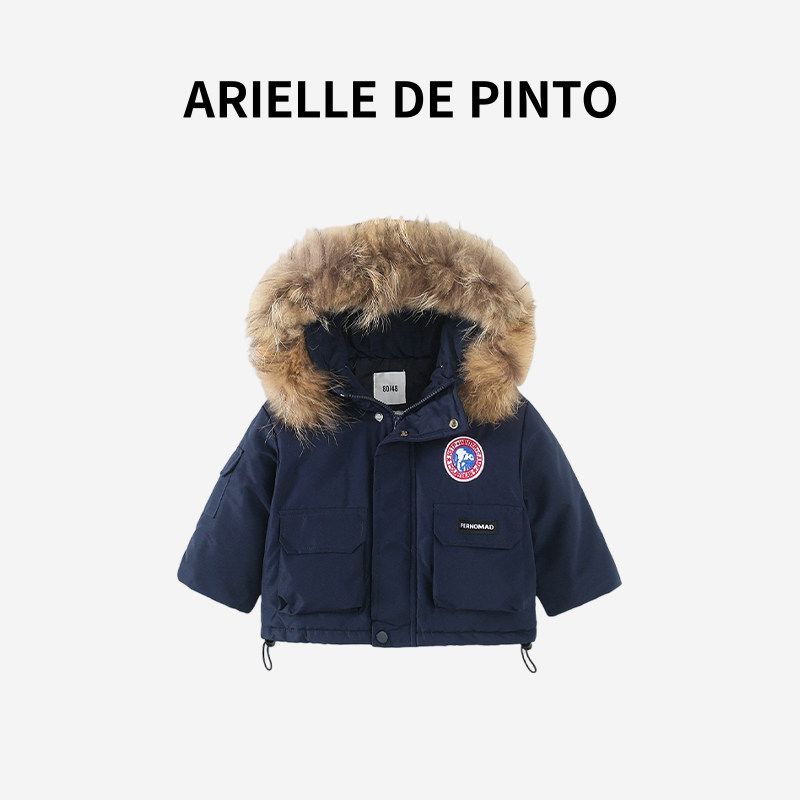 French Arielle De Pinto Boys  Autumn and Winter Jacket Korean Style Pure Color Windproof Warm Lettered Cotton Jacket Navy blue 80 black TAOMall