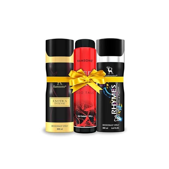 RAMSONS Deo Talc Combo | 1 Exotica Intense Deodorant Spray - 200 мл | 1 Rhymes Deodorant Spray - 200 мл | 1 RED ZX Deo Talc - 100 г | Combo Pack of 3 black The Scent Gallery