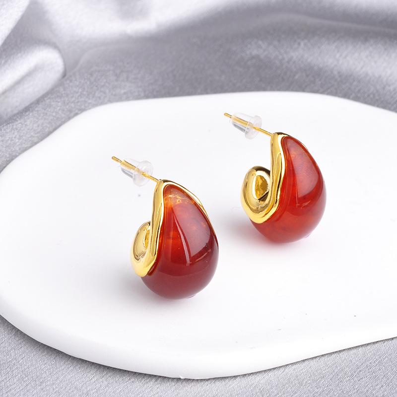 Серьги-капли из мраморной смолы золотистого тона - Бургундский и красный, ручная лепка, текстура холста для смелых женских арт-украшений gray Rose Accessories