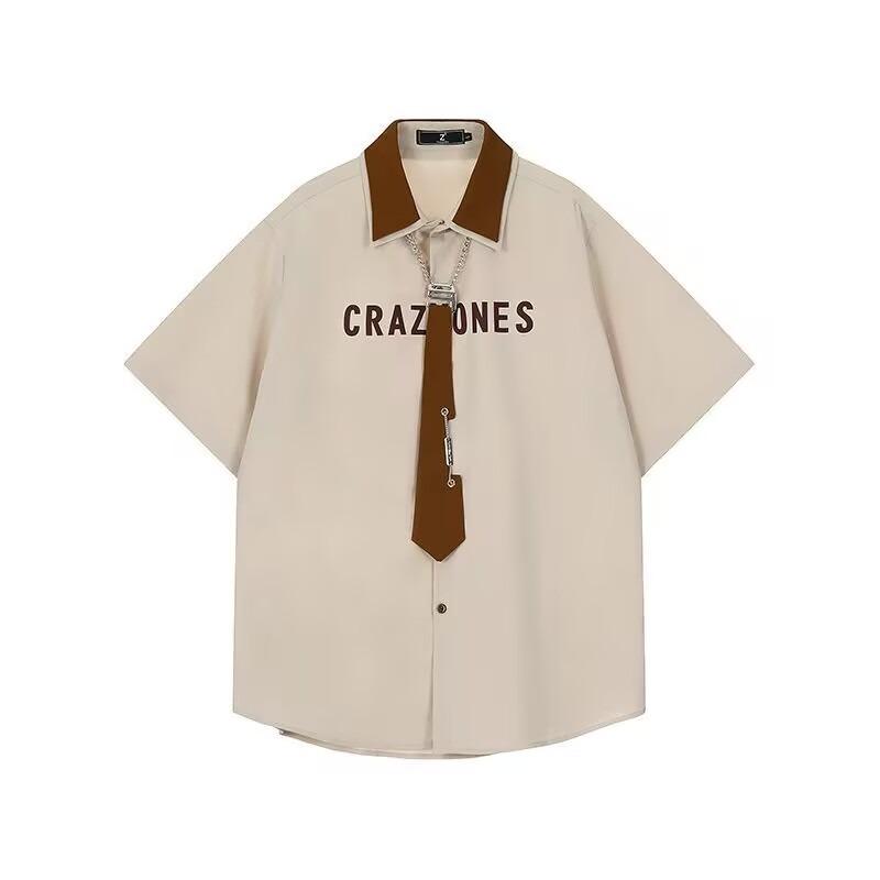 Женская рубашка с короткими рукавами и цветным галстуком-лацканом в американском винтажном стиле в колледже, свободные повседневные топы для женщин M хаки ZS Sunshine
