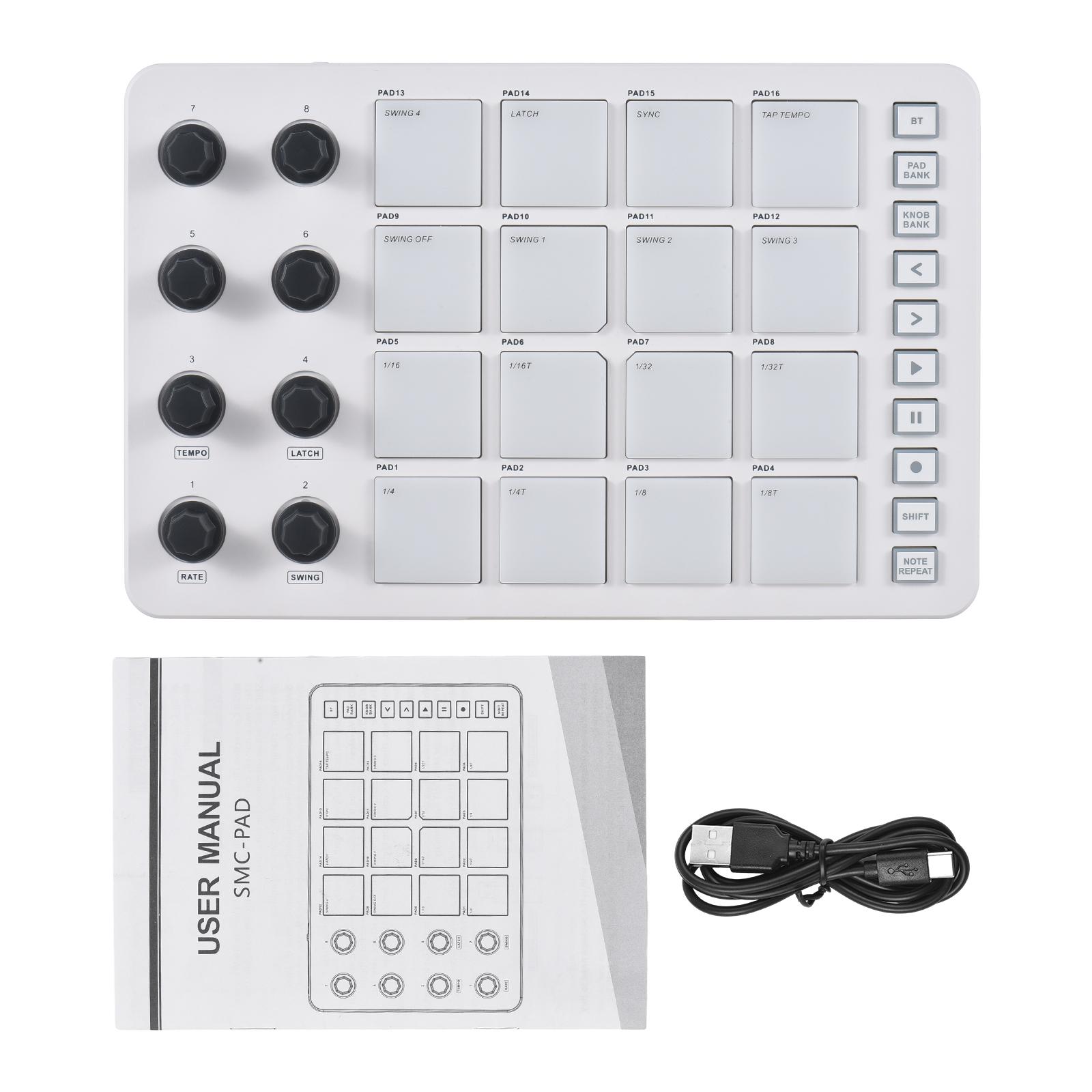 MIDI-контроллер, ударная площадка, RGB-подсветка, MIDI-клавиатура, подключение по Bluetooth, выходной интерфейс 3,5 мм с низкой задержкой и 16 ударными площадками белый World Auto Parts