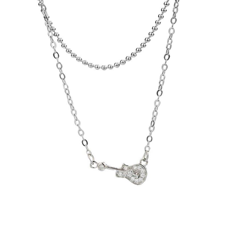 Zircon Guitar Double Necklace Personalized Sweet Cool Full Diamond Bass Pendant Collarbone Chain Copper white Commodity Jewel