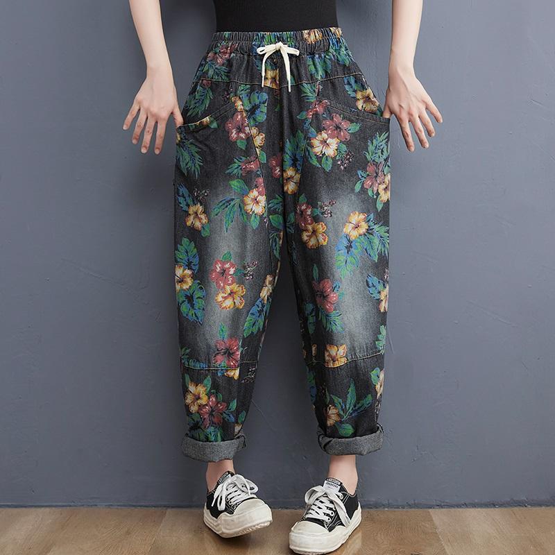 Женские свободные джинсы с высокой талией и цветочным принтом L чёрный Lou Fashion LOU
