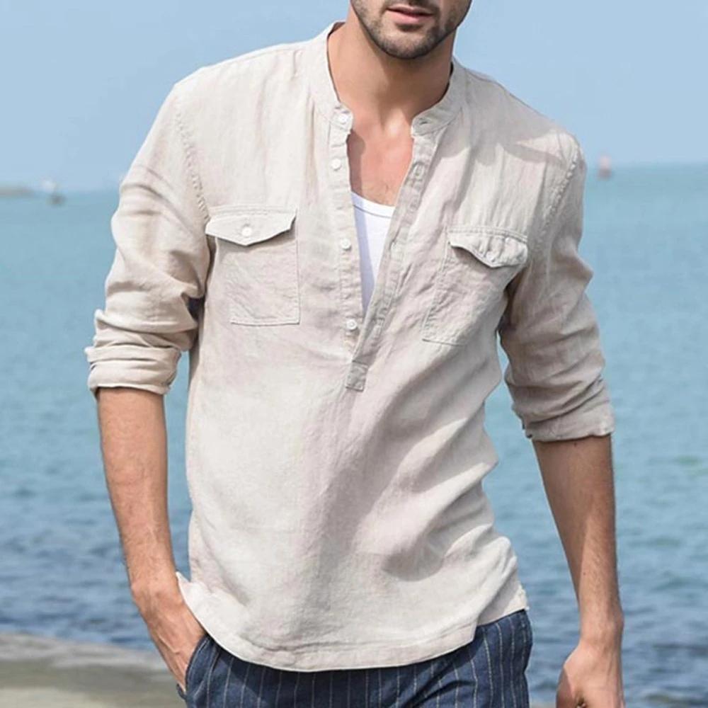 2021 модная повседневная рубашка Mannen Losse Katoenen Linnen Pocket Effen Kleur Lange Mouw Toevallige Comfortabele Mannen Shirts S хаки Outdoor3
