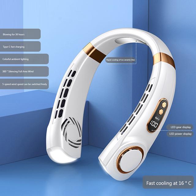 Gen 2 5-скоростной портативный шейный вентилятор с ледяной керамикой USB ручной бесшумный светодиодный цифровой дисплей безлистный мини-электрический вентилятор + фонарик Upgrade белый HMC