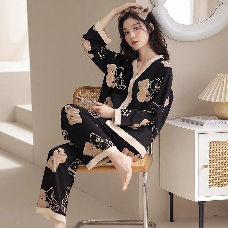 Женская пижама с принтом из мультфильмов в корейском стиле Harajuku Lounges, 2 шт., новая домашняя одежда на весну/осень M black Baifenbai Clothing
