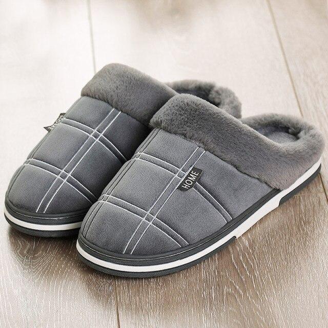 Winter Warm Slippers Men Suede Gingham Short Plush Indoor Shoes For Male Non Slip Cozy Velvet Waterproof Fur Home Men Slippers 7 gray YiRan Shoe Industry