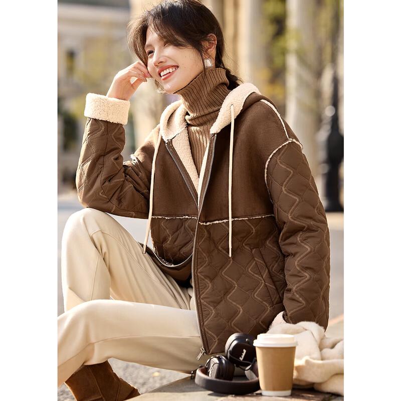 Пальто с капюшоном XWI из комбинированной замши и искусственного меха L beige JDST online