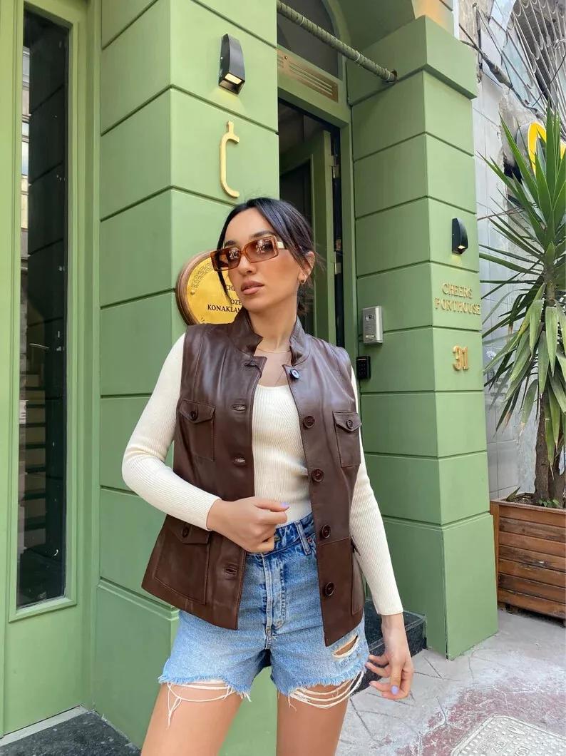 Biker Stylish Western Button Handmade Waist Coat Women Vest Coat Brown Leather Lambskin S коричневый Hide World