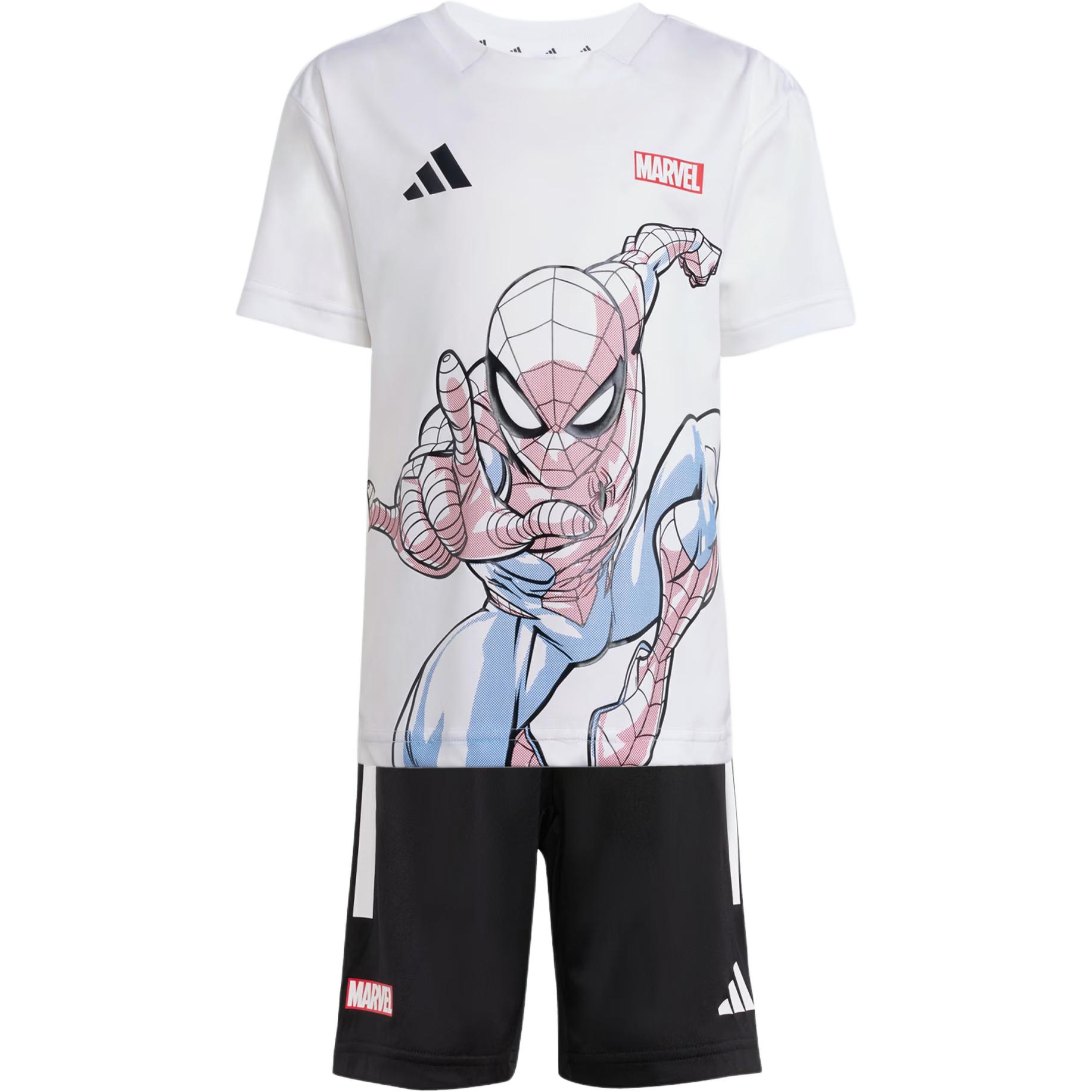 Повседневный спортивный костюм Adidas Коллаборация с Marvel Человек-паук Принт с логотипом Круглый вырез Короткий рукав Шорты средней посадки Костюм для детей JF3655 128 white