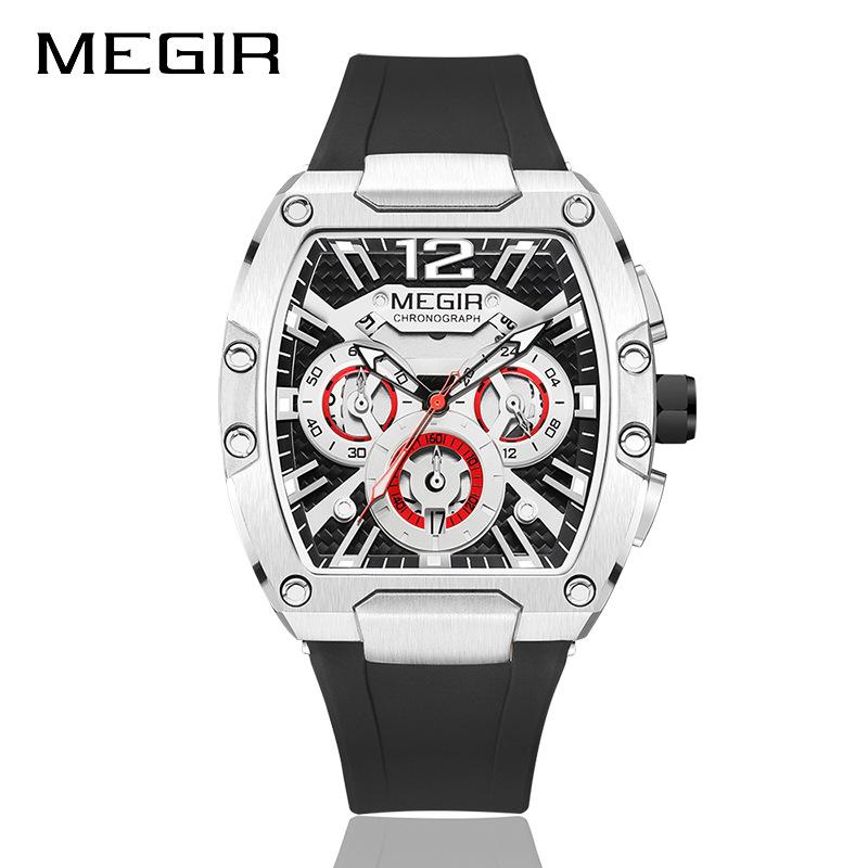 MEGIR Quartz Watch for Men Waterproof Silicone Strap Fashion Tonneau Case Chronograph Sport Wristwatch with Date Luminous Hands белый/чёрный