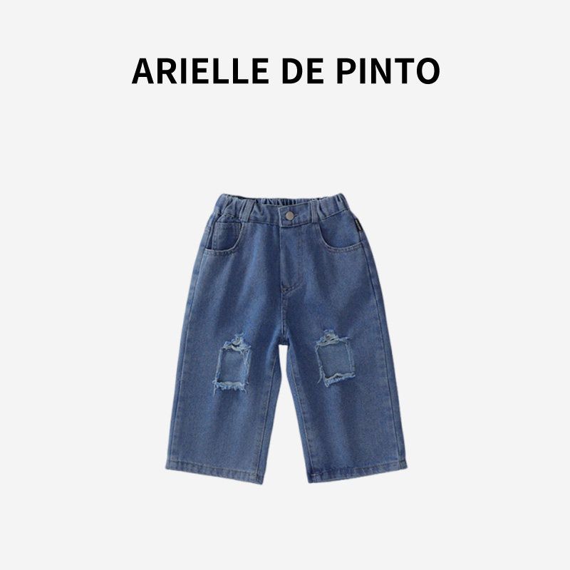 Французские детские джинсы Arielle De Pinto Летний Новый Стиль Стильные Широкие Джинсы с эффектом стирки Blue 90 gray TAOMall