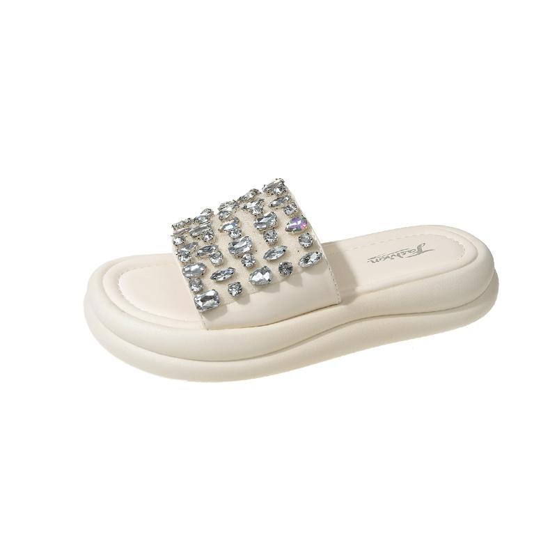 Модные летние новые плоские шлепанцы женские модные с круглым носком открытые с пайеточной тканью водонепроницаемые на платформе с мягкой подошвой нескользящие сандалии 35 бежевый Sole Chic