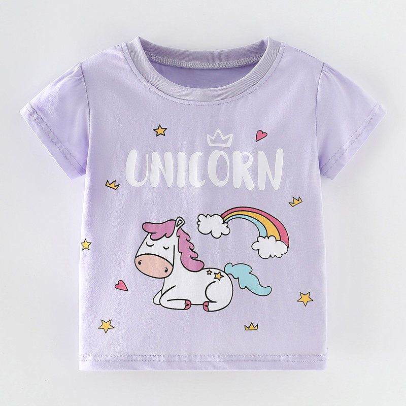 Girl Light Purple Short Sleeve T-shirt Baby Pure Cotton Summer Dress Kids Little Girl Unicorn Half Sleeve Tops Bottoming Shirt 8 Violet 140 gray TAOMall