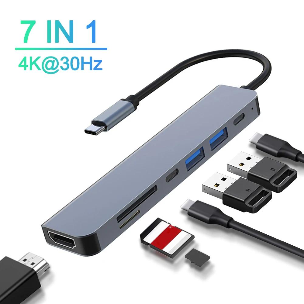 7 в 1 концентратор типа C док-станция USB C в 4K 30 Гц HDMI совместимый адаптер USB 3.0 разветвитель конвертер SD TF кард-ридер для ноутбуков ПК аксессуары 7 IN 1 black VVGUOWEI