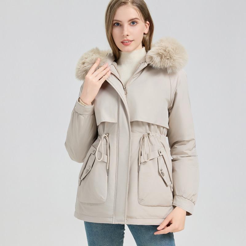 Женская зимняя парка из овчины с капюшоном, пуховик средней длины M beige Weft