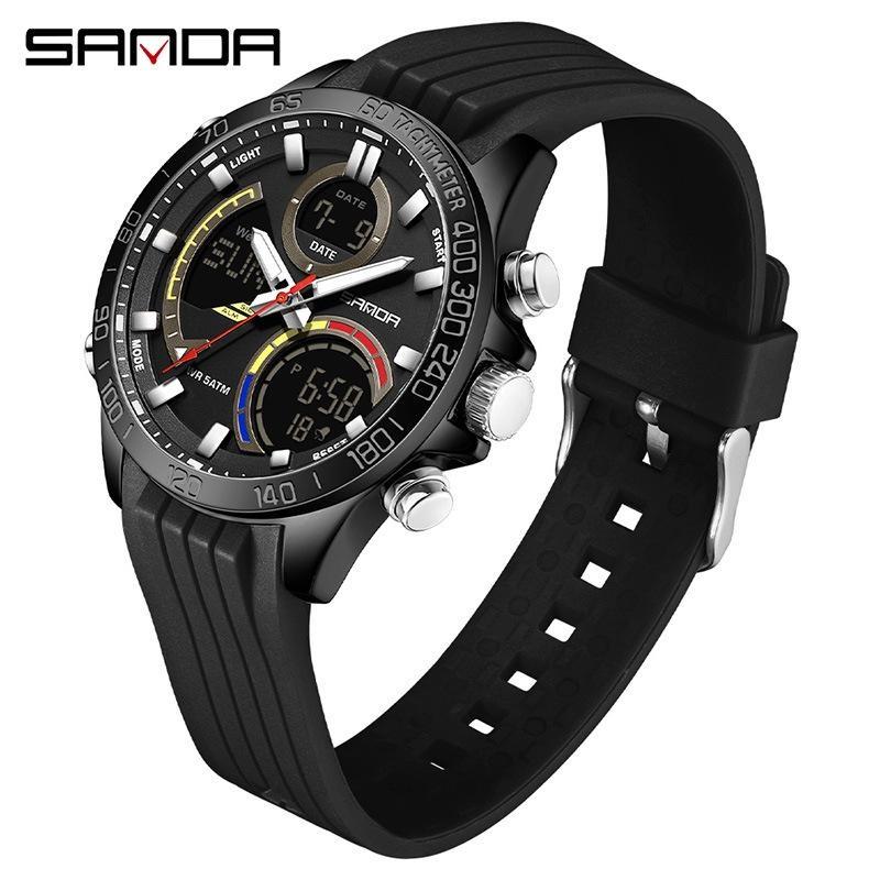 SANDA Fashion Men s Electronic Quartz Watch Multifunction Chronograph Wristwatch Waterproof Silicone Strap Men s Digital Clock Silicone Strap чёрный