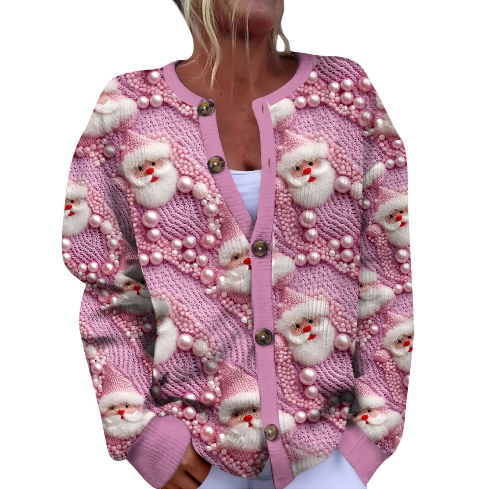 Женская мода рождественский принт длинный рукав вязаный кардиган пуховик XXXXL pink War Academy