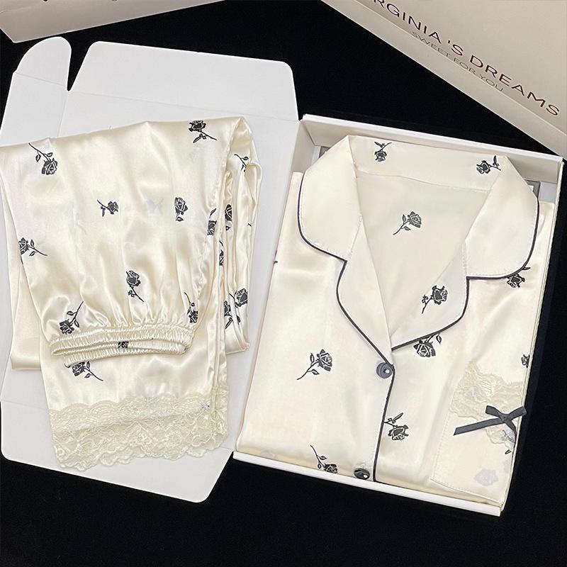 Retro Rose Long-Sleeved Pajamas Women S Thin High-End Cardigan Can Be Worn Outside Home Suit M white BaiJia Jewelry BB