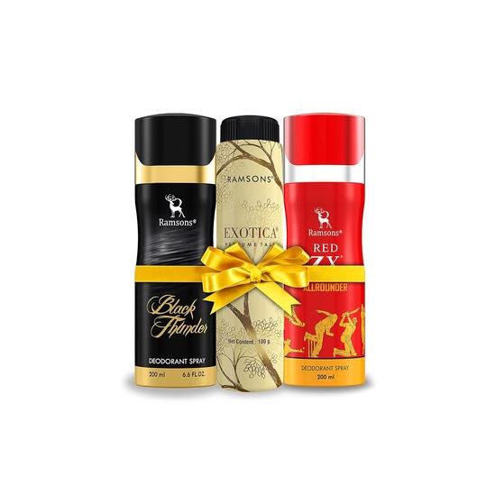 RAMSONS Deo Talc Combo | 1 Red ZX - Allrounder Дезодорант-спрей - 200 мл | 1 Black Thunder Дезодорант-спрей - 200 мл | 1 Exotica Perfume Talc - 100 г black The Scent Gallery