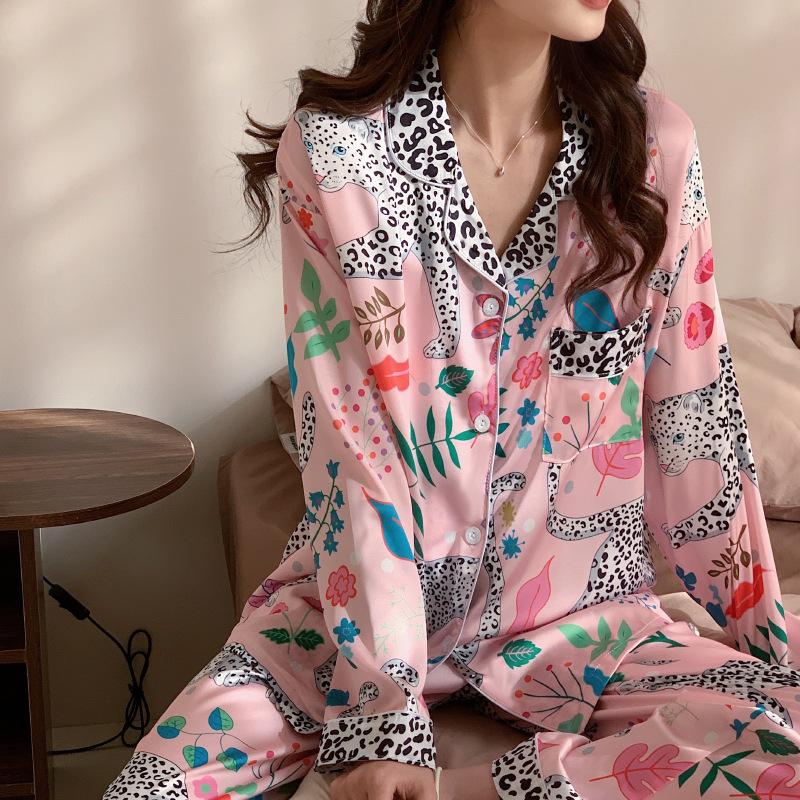 Women S Loungewear Spring Ice Silk Long-Sleeved Trousers Light Luxury Fashion Leopard Print Comfortable Two-Piece Set M gray BaiJia Jewelry BB