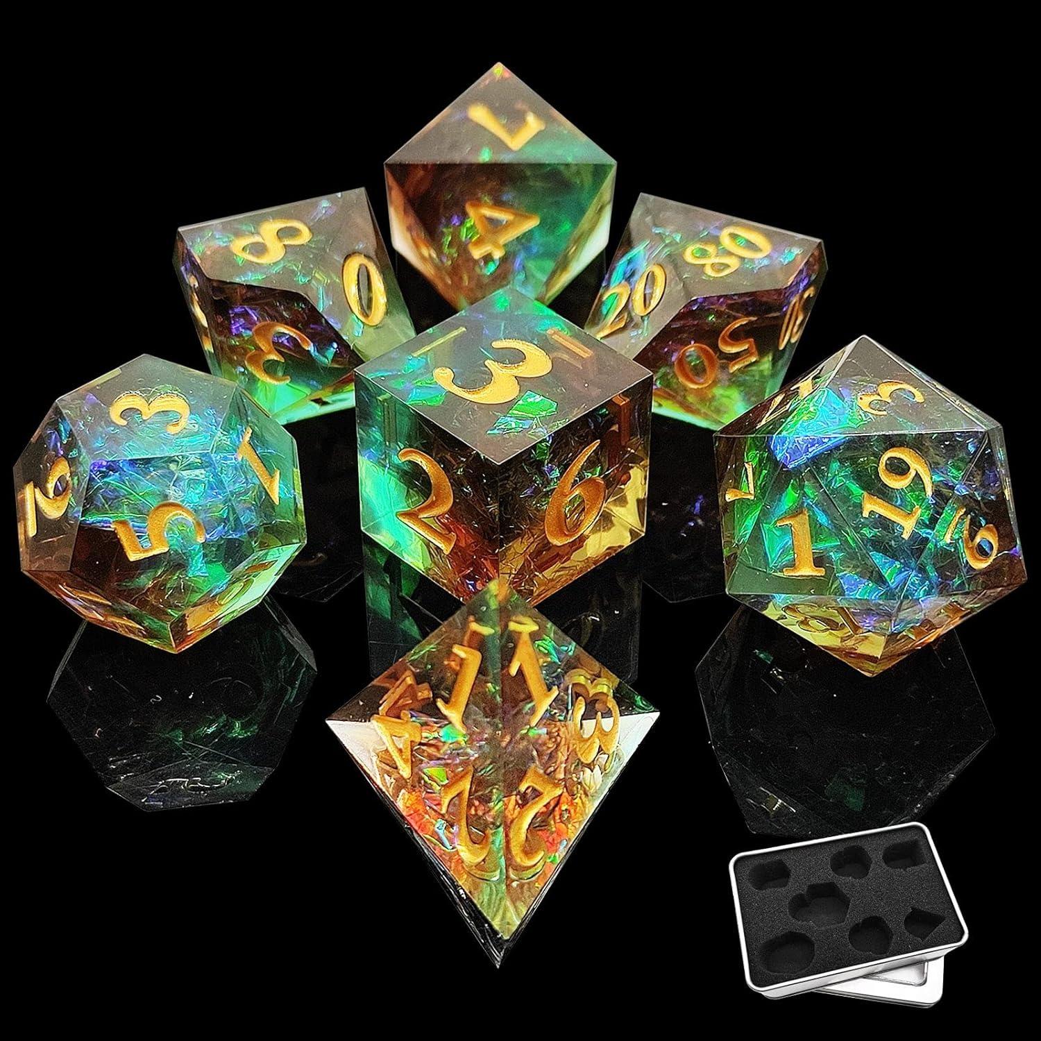 D&D DND Набор игральных костей Dungeons and Dragons Gift RPG MTG D20 Полиэдрические игральные кости из смолы, сделанные вручную с острыми краями, ролевая настольная игра, цифровое обучение прозрачный/зелёный Thriving Toys Warehouse