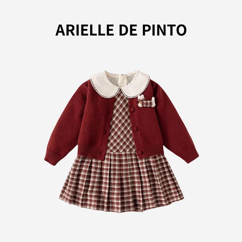 French Arielle De Pinto Girls  Outfit, New Spring and Autumn Stylish Knitted Princess Dress Two-Piece Set Red Two Piece Set 140 brown TAOMall