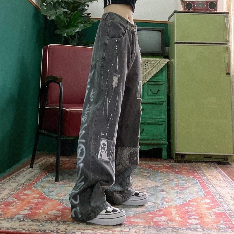 Крутые женские свободные винтажные женские брюки, модные женские мешковатые джинсы в стиле Харадзюку, женские брюки, повседневные забавные готические брюки, летние джинсы L чёрный FIVE FIVE