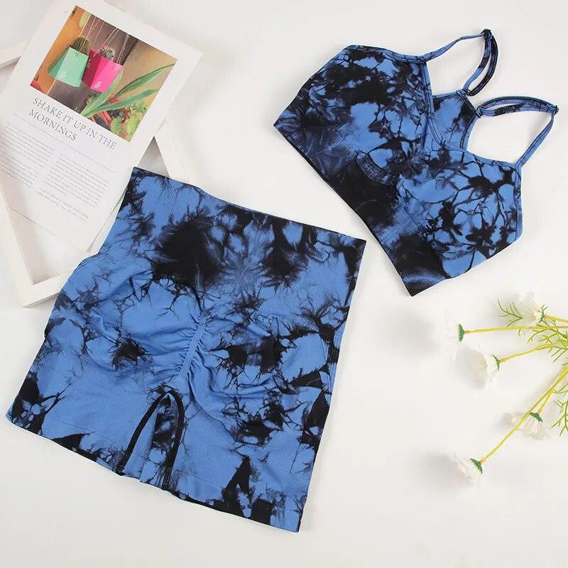 Tie Dye Набор для йоги Женские шорты для йоги с высокой талией Бесшовные леггинсы для тренировок Бесшовный спортивный костюм Велоспорт Бюстгальтер для бега Спортивный костюм Эластичный фитнес-наряд L black CoCo Xili