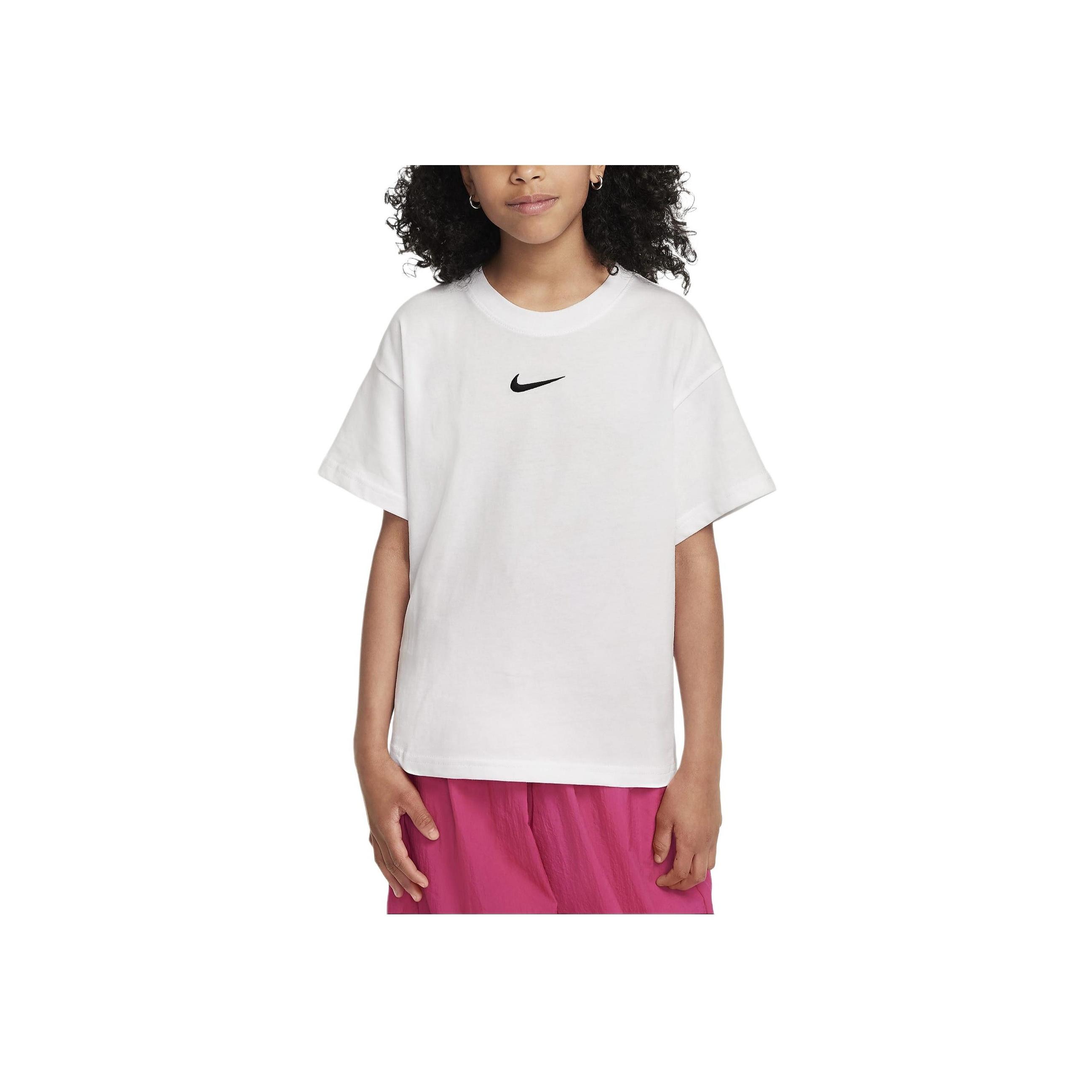 Nike Soft Loose Fit Everyday Embroidered Logo Crew Neck Short Sleeve T-Shirt Kids Tops White FZ5539-100 XS white