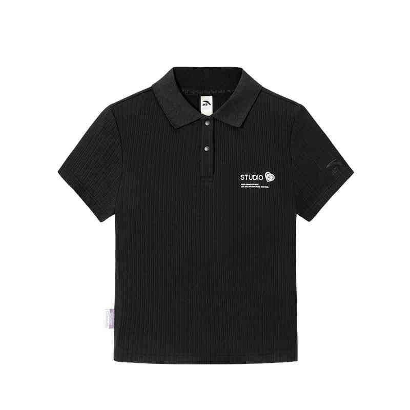 Anta Life Series Letter Soft Comfortable Breathable Versatile Short Sleeve Polo Shirt Women tops Basic-Black 162528115-3 S black