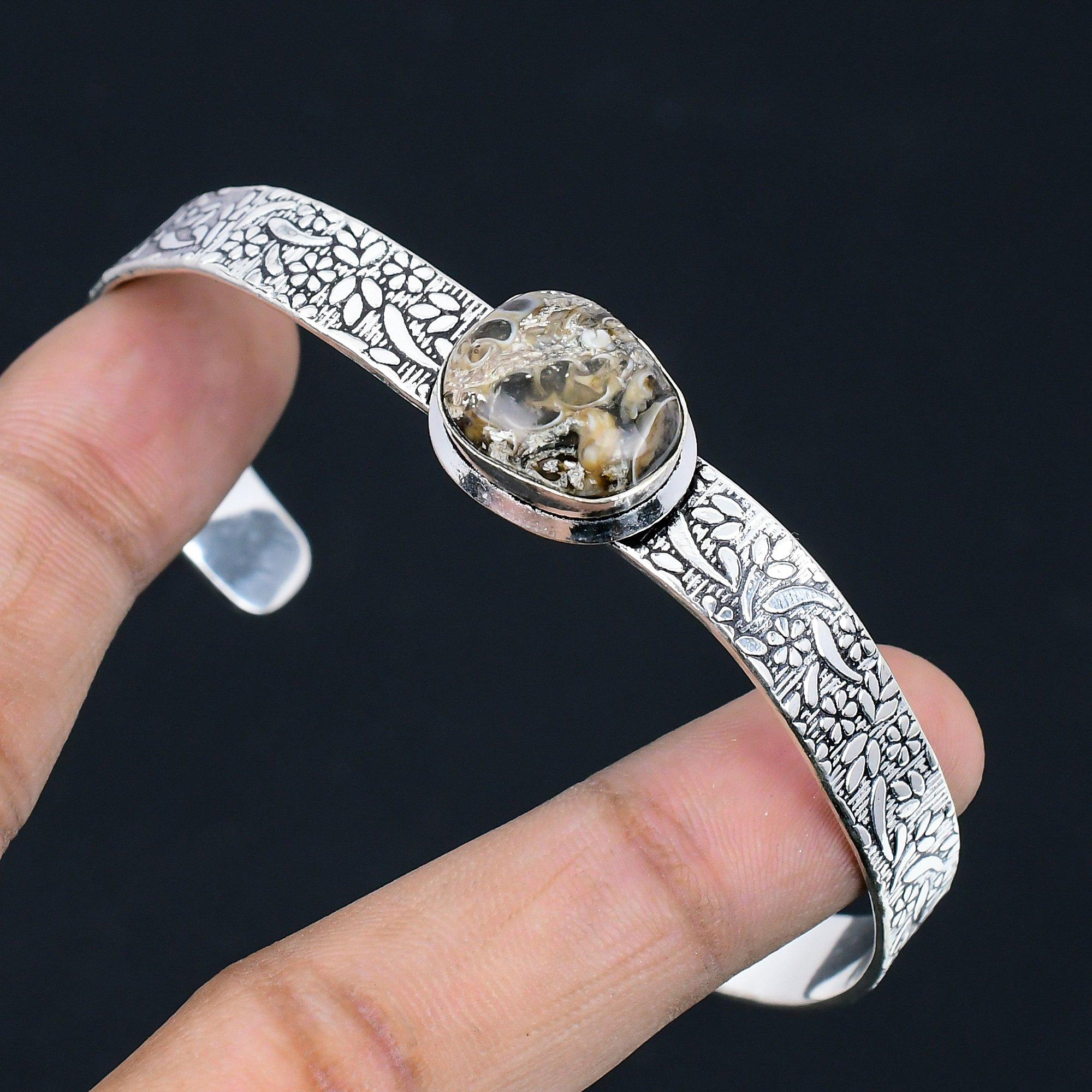 Halloween Deal Turritella Agate Gemstone 925 Silver Birthday Boho Bangle Jewelry Adjustable gray Jewel Paradise